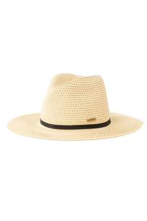 The Rip Curl Classic Surf UPF Panama is a beige paper straw hat with a wide brim, black band, and UPF sun protection, offering both style and comfort.