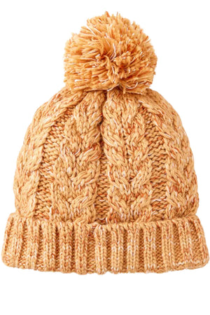 The Rip Curl Classic Regular Pom Pom Beanie features a folded brim, cable knit pattern, and a large matching yellow-orange pom-pom on top, all crafted from soft acrylic yarn.