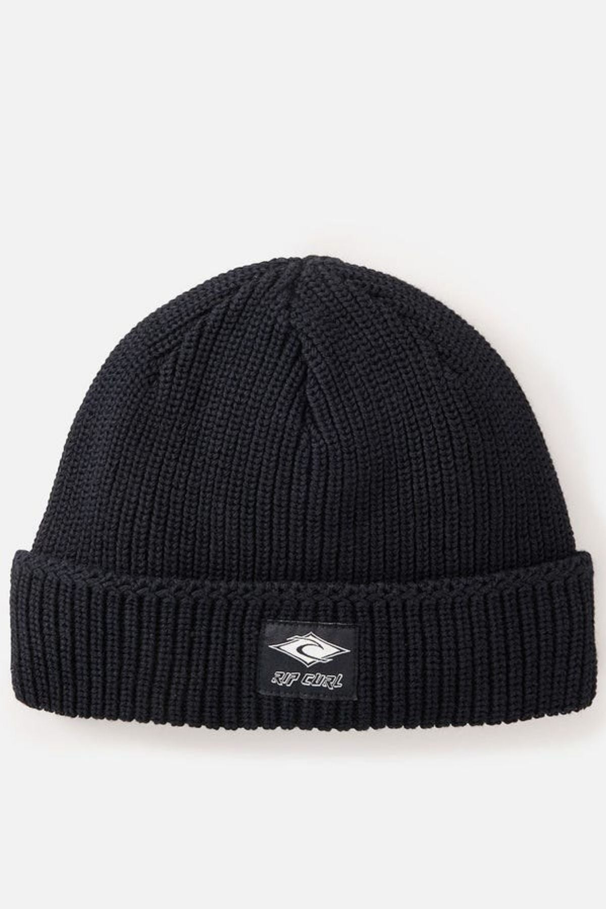 The Rip Curl Classic Surf Lined Reg Beanie is a black ribbed knit hat with a folded brim and a small logo patch on the front—ideal for Rip Curl fans and outdoor adventures.