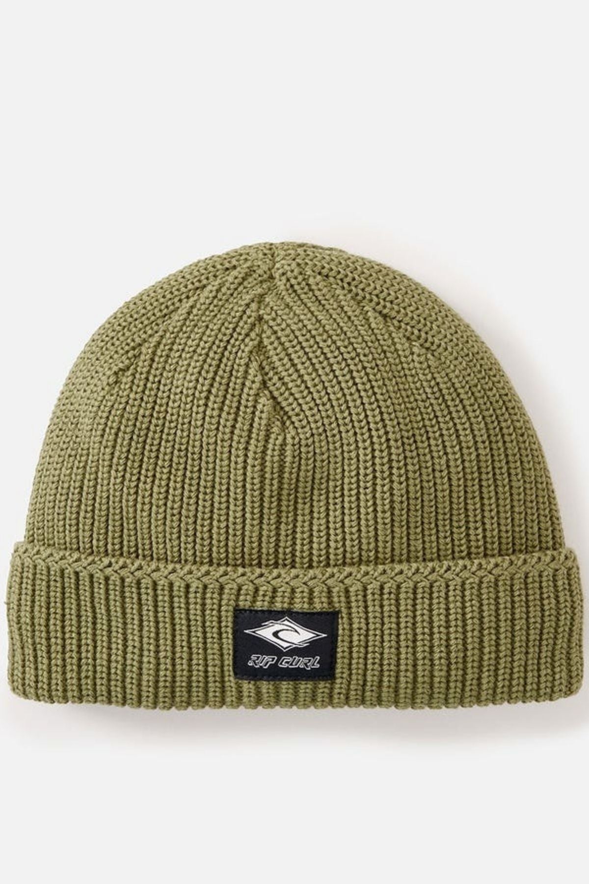 The Rip Curl Classic Surf Lined Reg Beanie is a green ribbed knit cotton hat with a turned-up cuff and black patch logo, perfect for outdoor adventures. Shown against a plain white background.