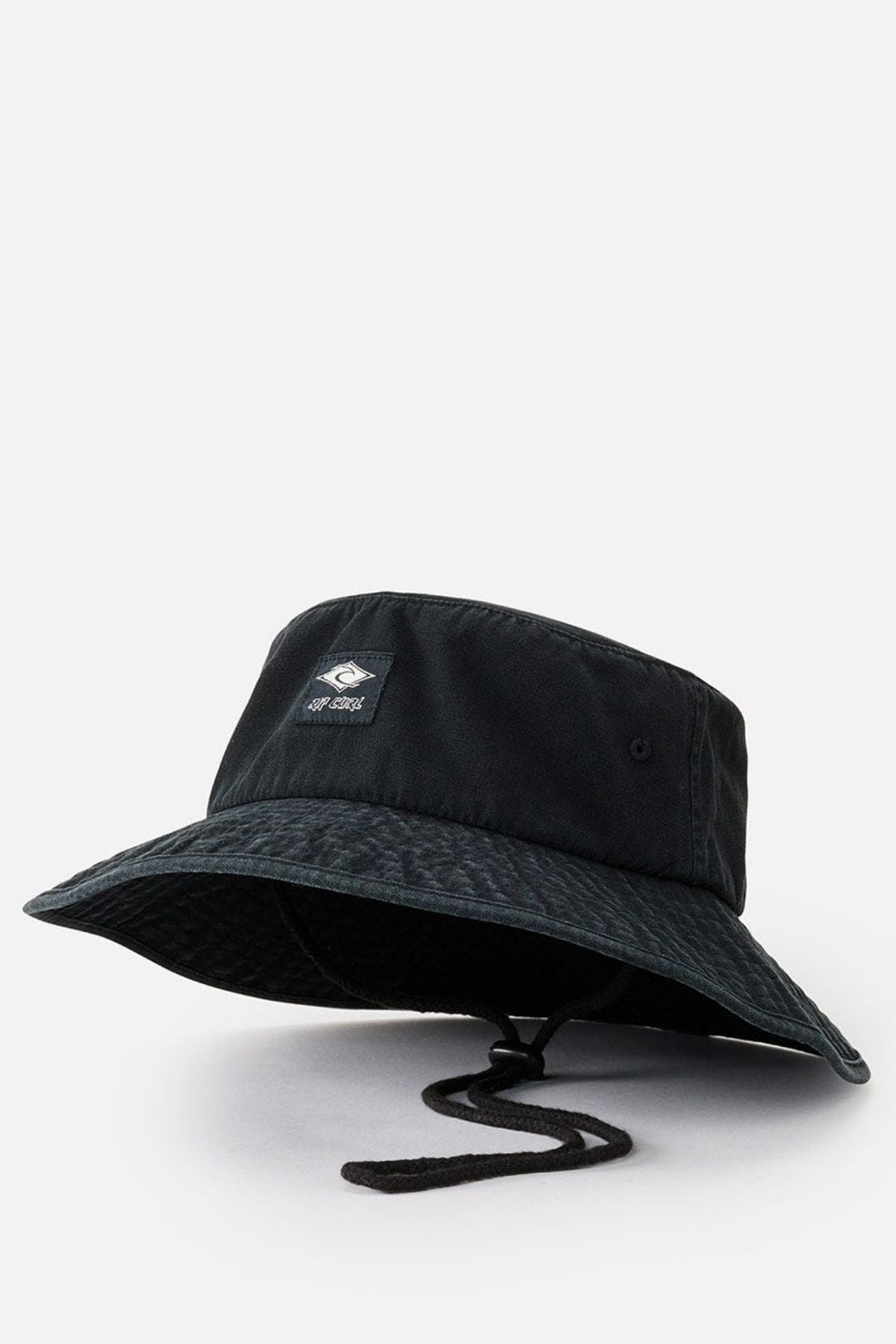 The Rip Curl Classic Surf Mid Brim Hat in black is ideal for outdoor adventures, featuring a wide brim and adjustable chin strap. It showcases a logo patch on the front, set against a plain white background, providing both style and functionality.