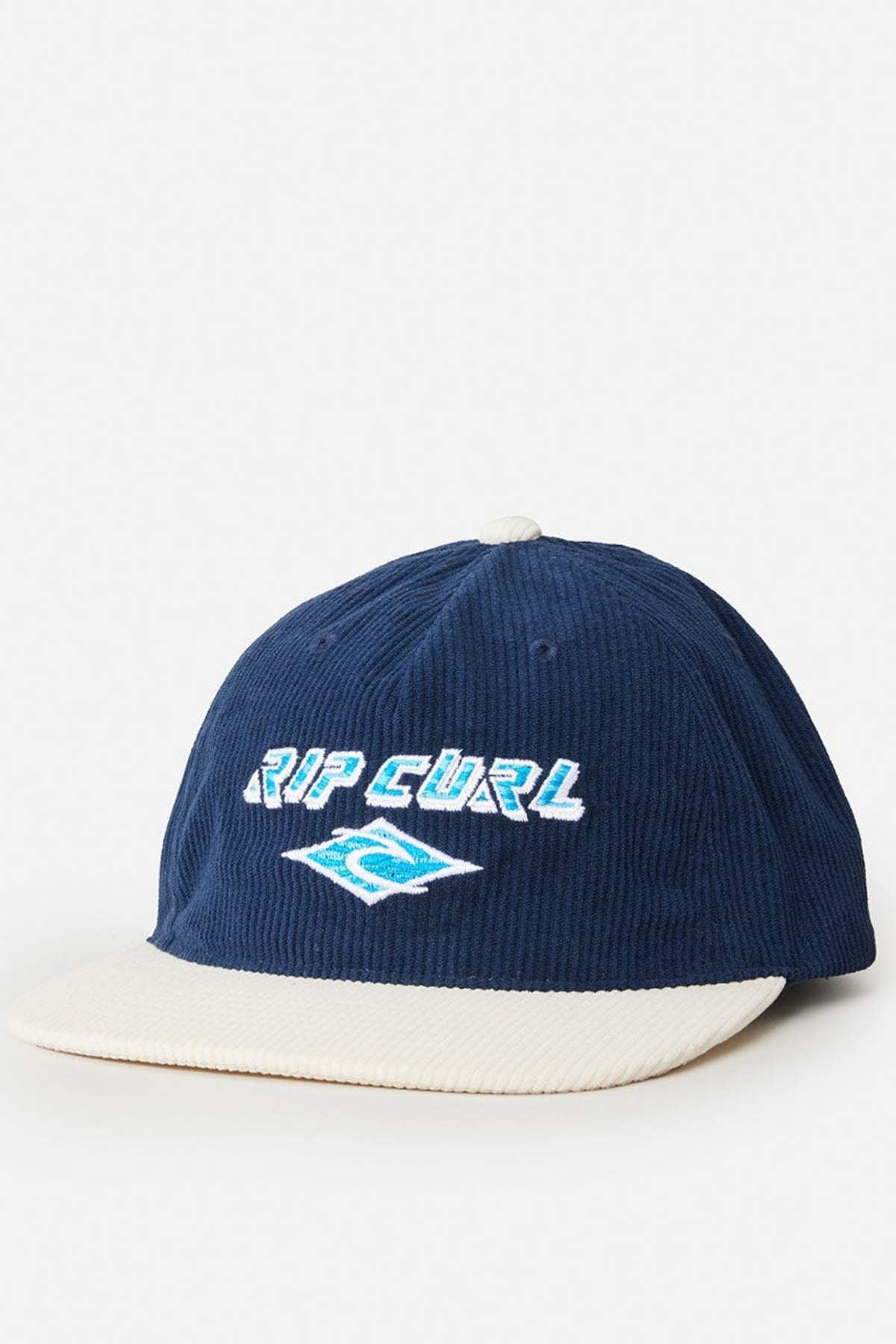 The Rip Curl Diamond Adj Cap is a navy blue 11 Wale cord cap with a cream brim, featuring an embroidered logo and blue wave graphic on the front.