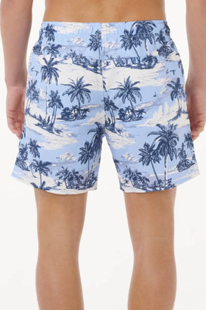 A person wearing the Rip Curl Dreamers Volley shorts in light blue with a dark blue and white palm tree pattern, viewed from behind on a white background. These quick-dry shorts are ideal for sustainable swimwear lovers.