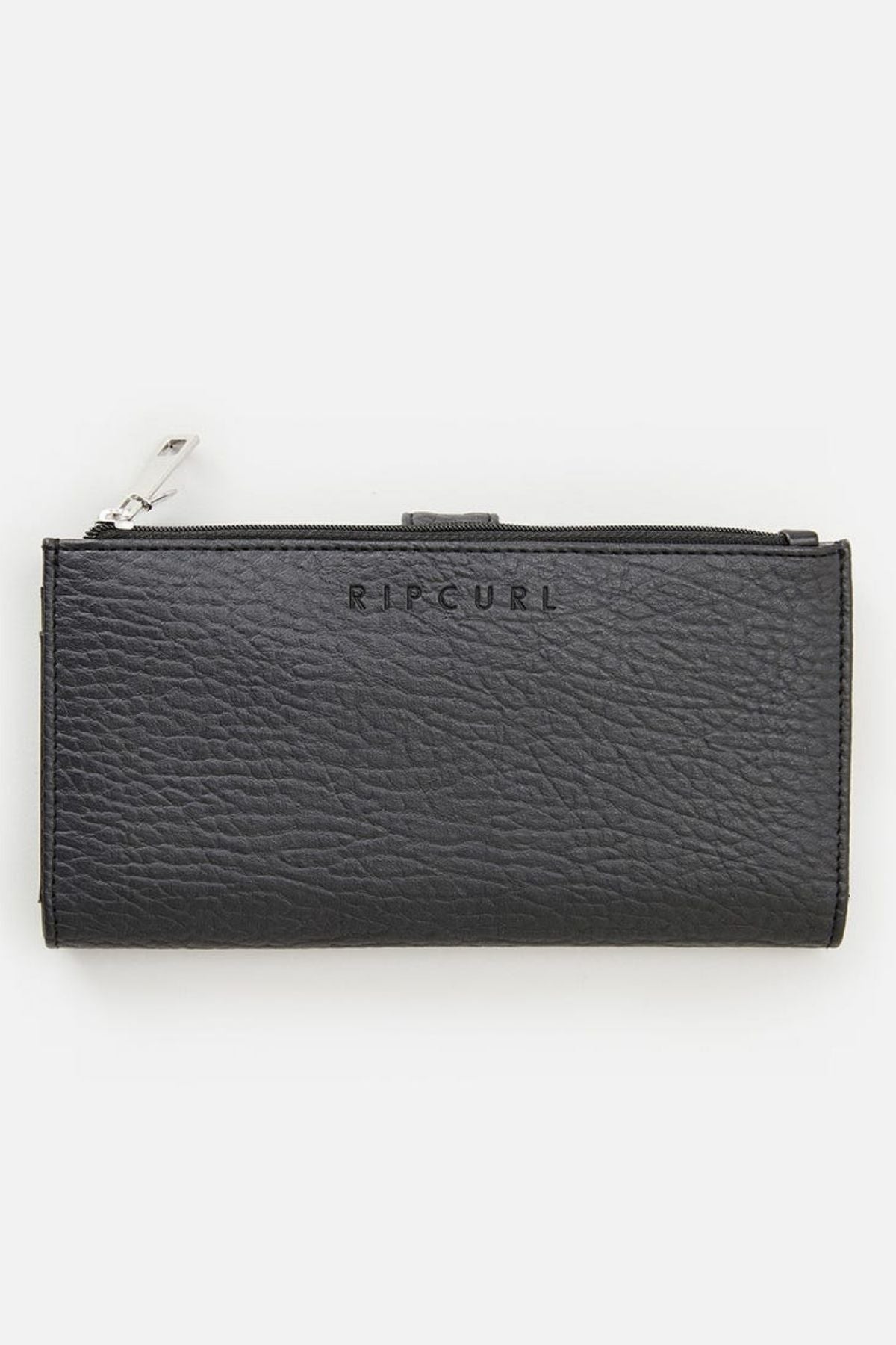 The Rip Curl Essentials II Phone Wallet is a black wallet crafted from textured material, showcasing a silver zipper and the "RIP CURL" logo embossed on the front. It includes a convenient mobile phone pocket and is displayed on a plain light background.