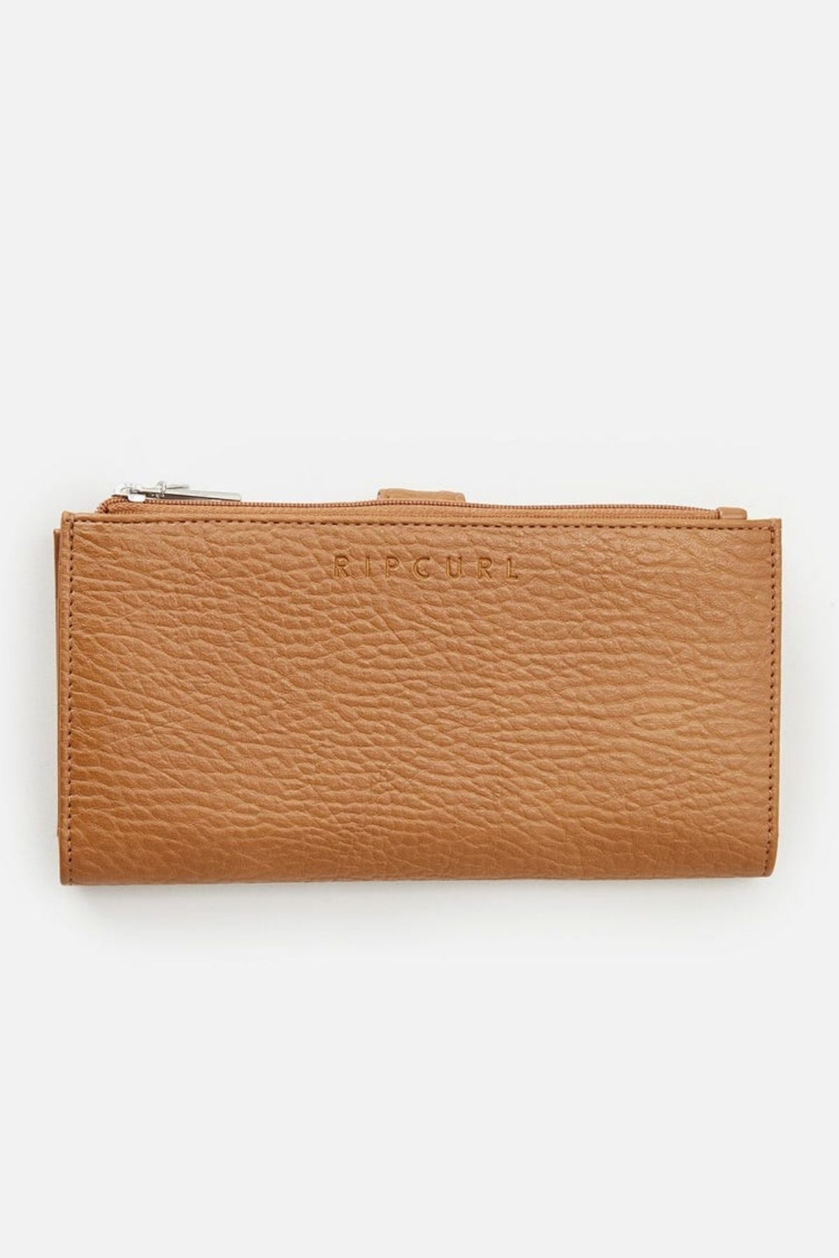 The Rip Curl Essentials II Phone Wallet is crafted from tan leather with a textured surface and features a visible zipper at the top. It is adorned with an embossed subtle Rip Curl logo on the front and includes a handy mobile phone pocket, all showcased against a plain white background.