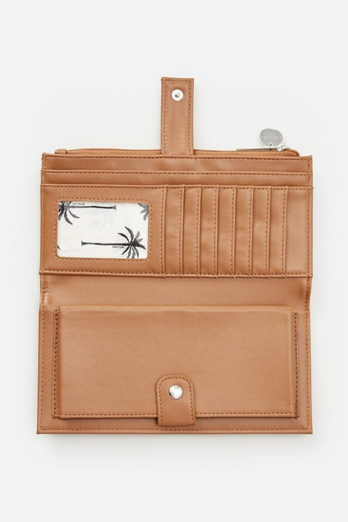 Introducing the Rip Curl Essentials II Phone Wallet in open brown leather, featuring multiple card slots, a transparent ID slot showcasing a palm tree design, and a secure buttoned compartment. Additionally, it includes an integrated mobile phone pocket for added convenience.
