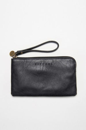 The Rip Curl Essentials 2 Wristlet is a black faux-leather clutch adorned with an embossed logo. It features a zipper closure and includes a round metallic charm on the strap, beautifully showcased on a plain white background.