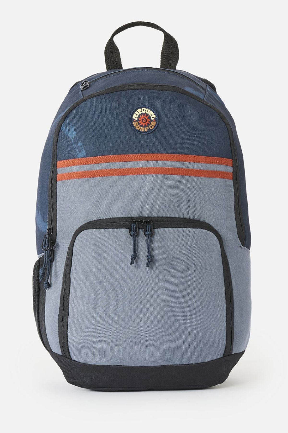 Blue two-tone Rip Curl Evo 24L Rinsed Backpack with a front zip pocket, two horizontal orange stripes, and a circular logo patch near the top.