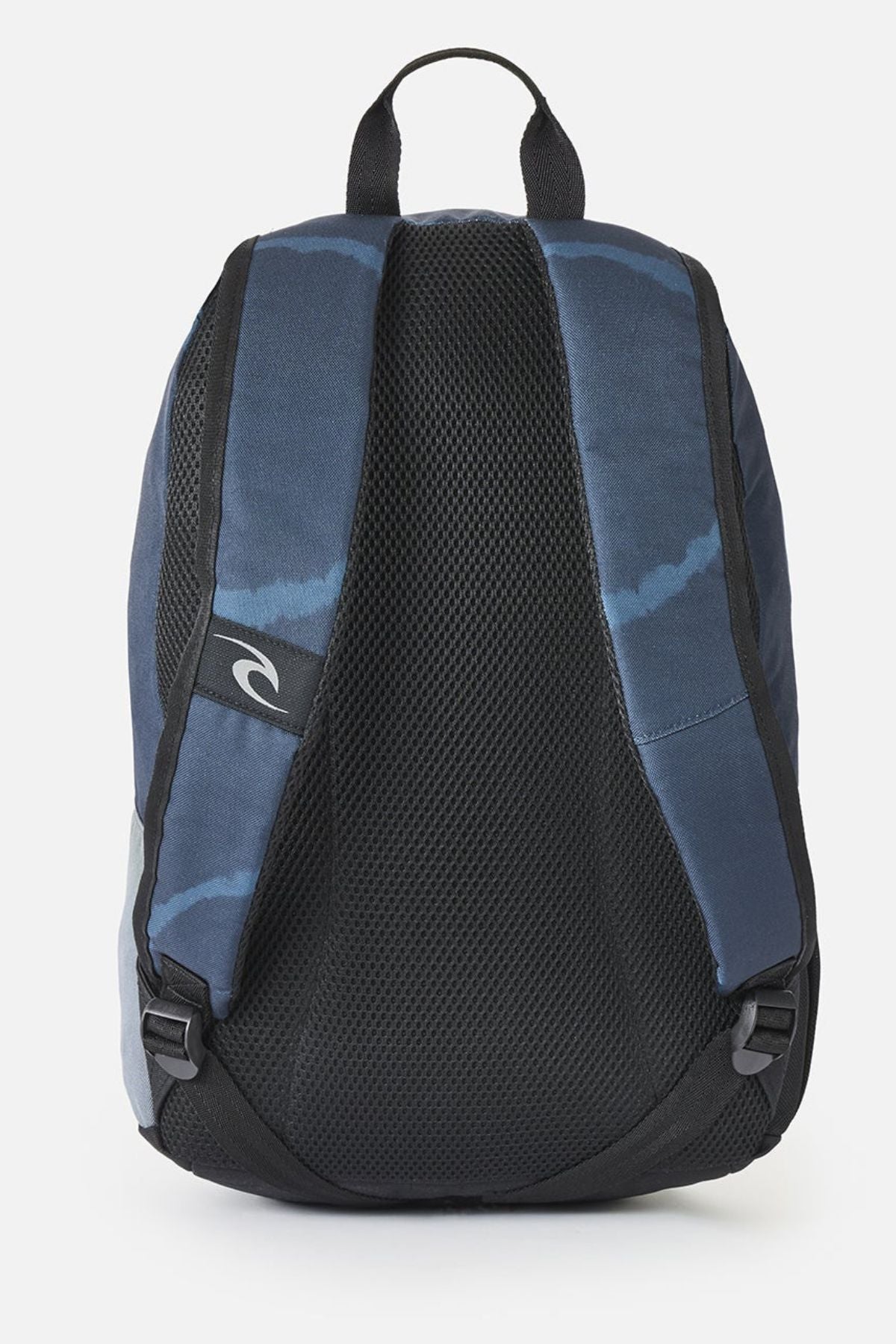 Rip Curl Evo 24L Rinsed Backpack in blue and dark grey, showing the back panel with black mesh padding and adjustable shoulder straps.