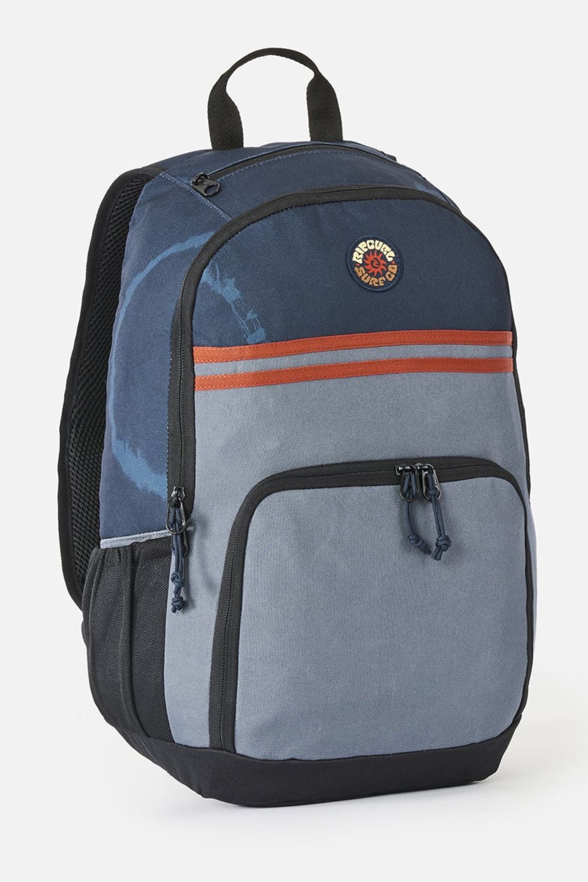 Rip Curl Evo 24L Rinsed Backpack featuring a dark blue top panel with a circular logo, two horizontal orange stripes, and a light gray insulated cooler pocket.