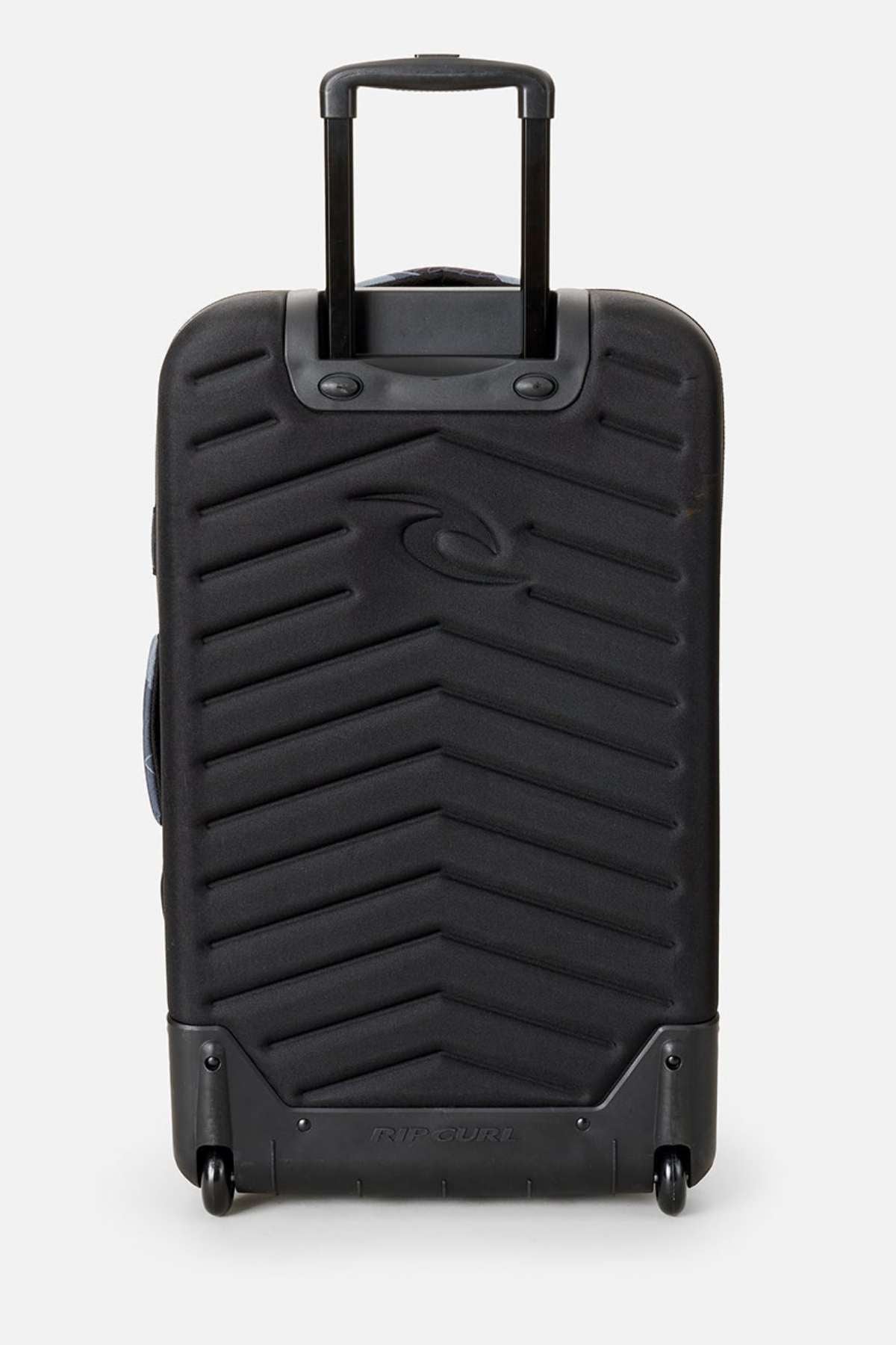 The Rip Curl F-Light Global 100L Search Camo Travel Bag is a black hard-shell suitcase with a diagonal-lined texture, two wheels, an extended telescopic handle, and an embossed logo—an eco-friendly choice for every journey.