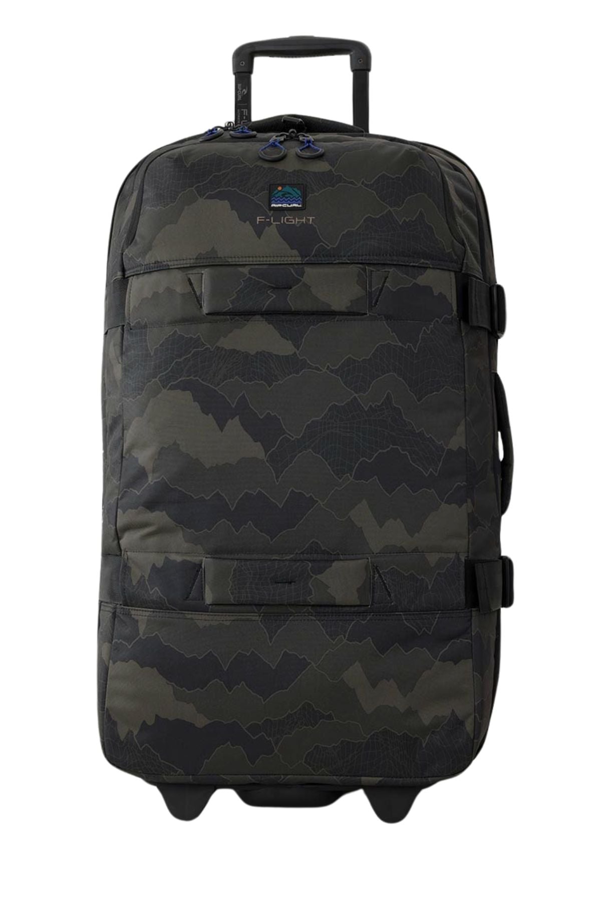The Rip Curl F-Light Global 100L Search Camo Travel Bag features a black and dark green camouflage pattern, retractable handle, two wheels, and an AirTag sleeve, displayed against a white background.