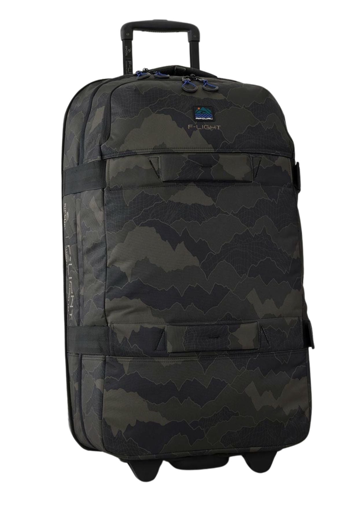 The Rip Curl F-Light Global 100L Search Camo Travel Bag, featuring a camouflage pattern, retractable handle, black straps, two wheels, and an AirTag sleeve for easy tracking, stands upright against a white background.