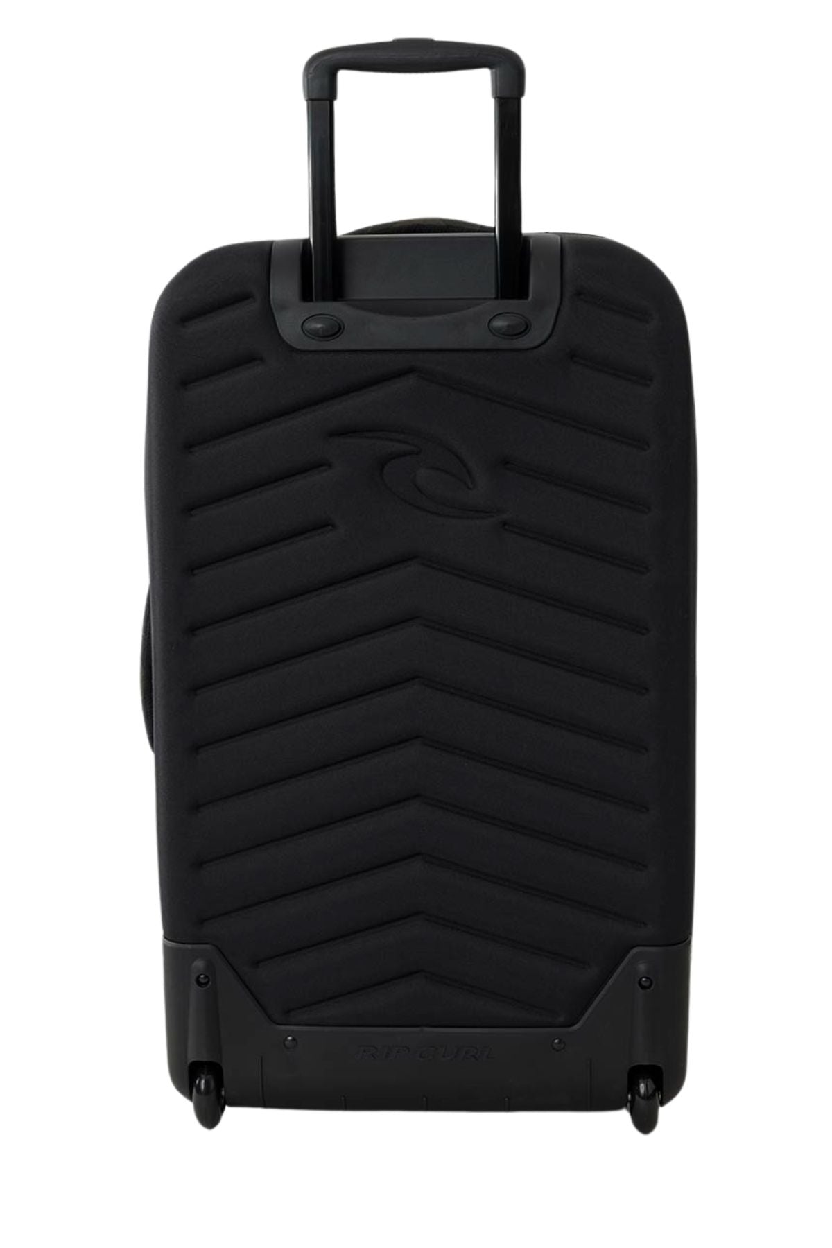 The Rip Curl F-Light Global 100L Search Camo Travel Bag features a hard-shell design with a chevron pattern, two wheels, and a top telescopic handle. The Rip Curl logo appears subtly on the front of this black travel case.