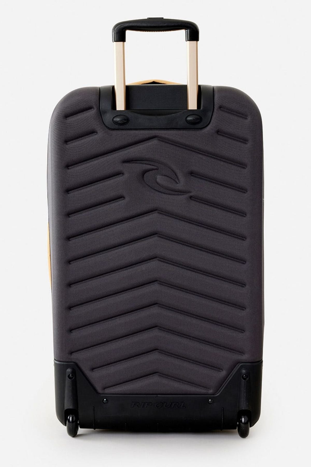 A black Rip Curl F-Light Global 100L Tropics Travel Bag with a chevron pattern, hard shell, lockable zips, two wheels, telescopic handle, and subtle embossed logo stands upright against a plain white background.