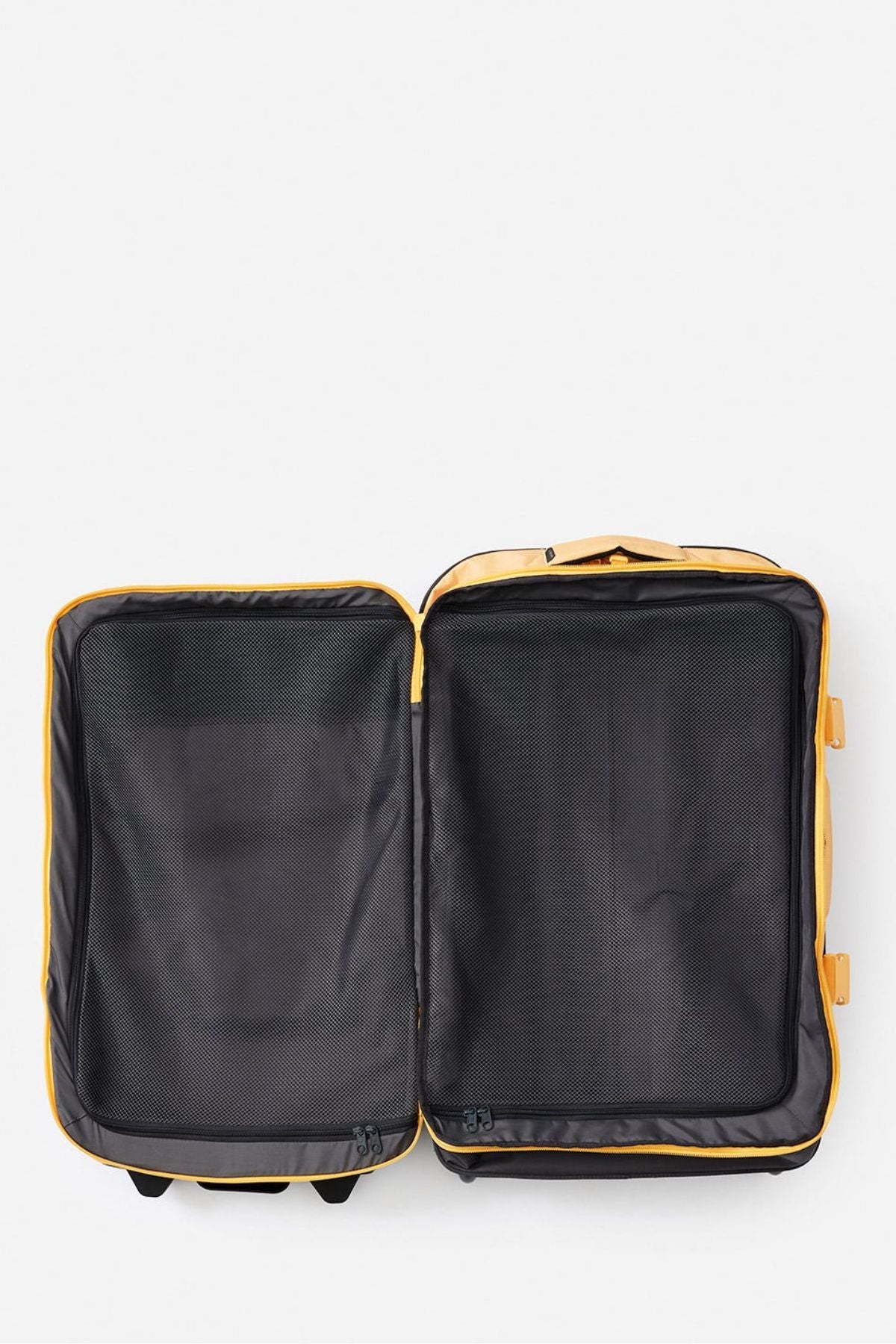 Open, empty yellow Rip Curl F-Light Global 100L Tropics Travel Bag with black recycled polyester interior, mesh lining, and lockable zips. Viewed from above against a plain white background, both sides are visible.