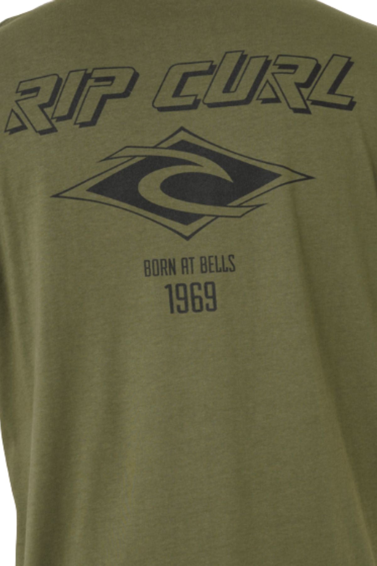 Back of a relaxed fit olive green Rip Curl Fade Out Icon Tee featuring "RIP CURL" in bold, a wave logo underneath, and "BORN AT BELLS 1969" below—a classic throwback t-shirt style.