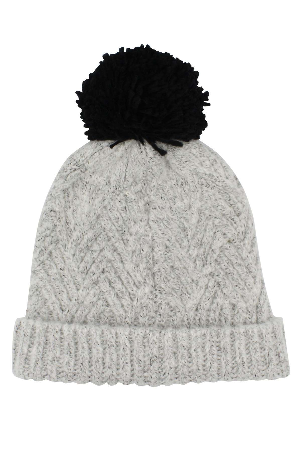The Rip Curl Groundswell Pom Pom Beanie in gray sports a fashionable black pom-pom on top. This chic accessory boasts a textured pattern and a folded brim, making it ideal for cold weather.