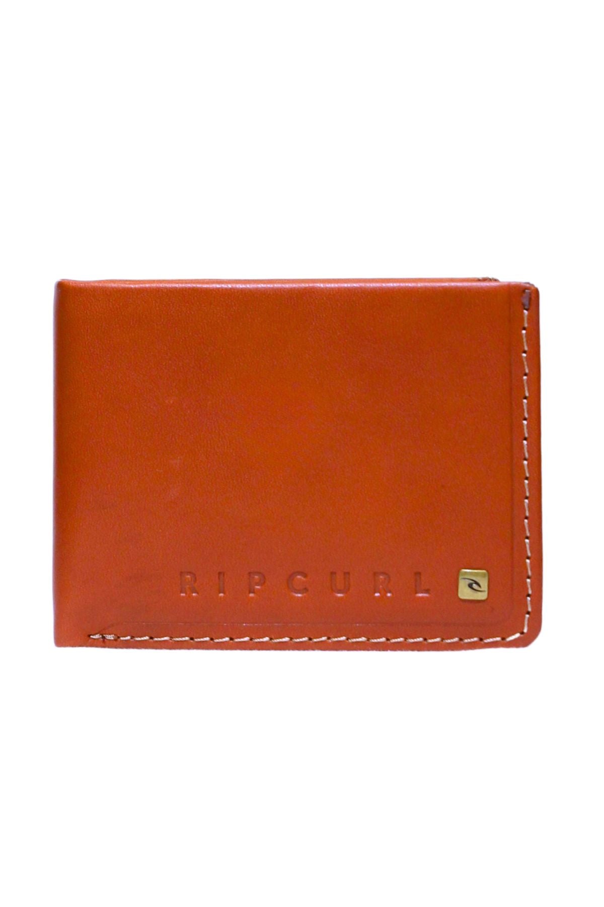 The Rip Curl Hi Rise RFID All Day Wallet is a brown leather wallet with white edge stitching, RFID protection, and the Rip Curl logo embossed on the front.