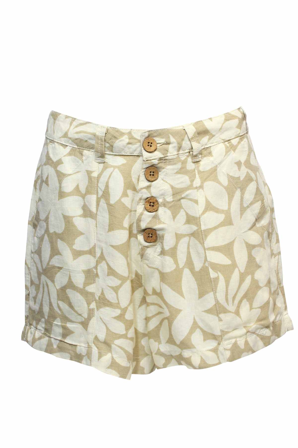 The Rip Curl Holiday Tropics Short features a beige linen-viscose blend with a white floral print. These high-waisted shorts have a front closure with four wooden buttons and cuffed hems, ideal for beach days.