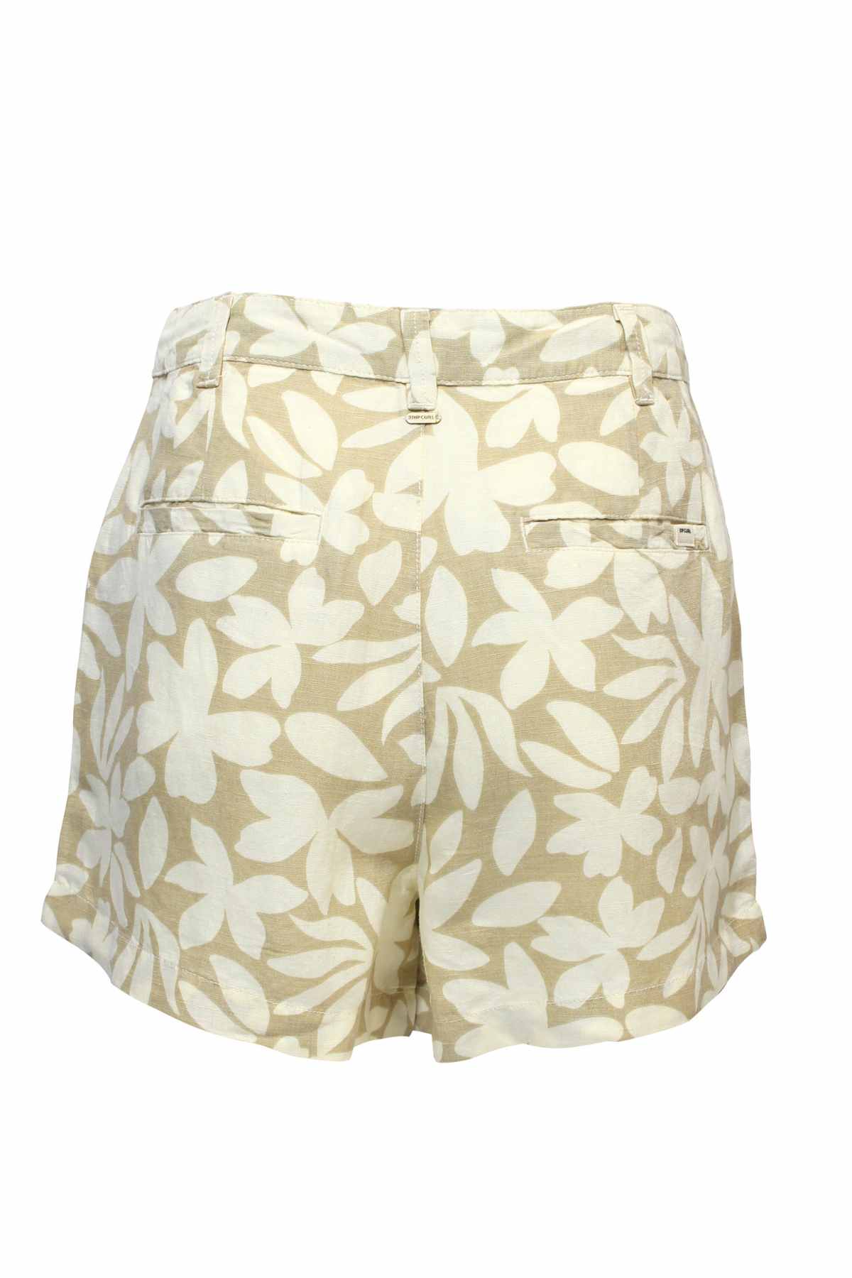 Rip Curl Holiday Tropics Short: Beige shorts made from linen and viscose, with a white floral yardage print. These high-waist shorts feature two back pockets and are set against a plain white background.