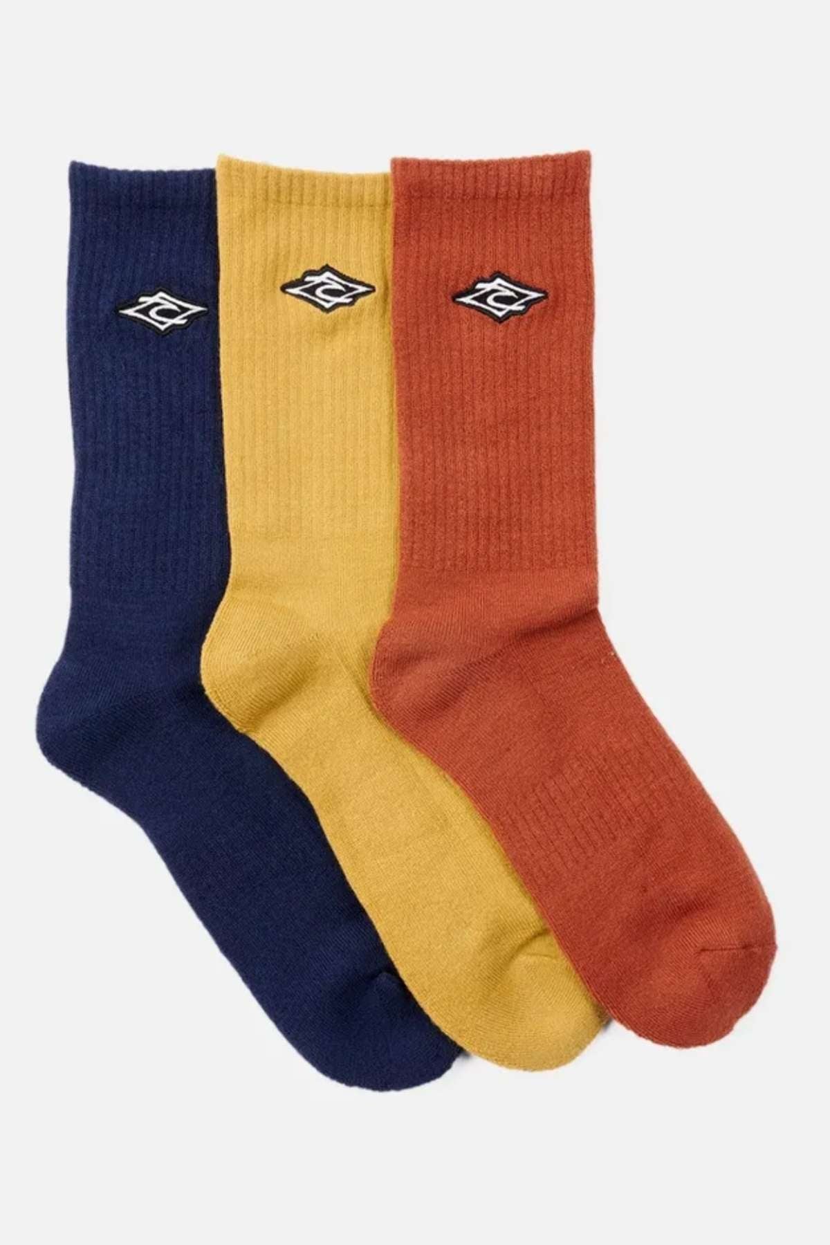The Rip Curl Icons Crew Sock 3 Pack, featuring ribbed crew socks in blue, yellow, and orange with a black and white logo near the top, is arranged vertically against a white background.