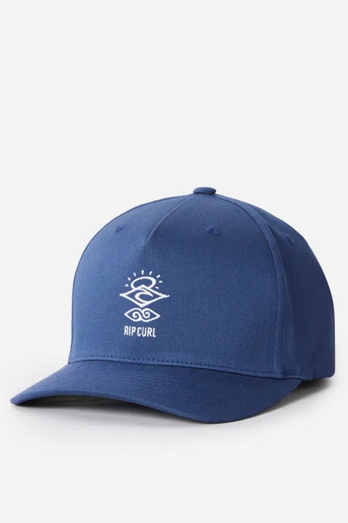 The Rip Curl Icons Eco Flexfit Cap, made from organic cotton, features a white embroidered logo with stylized waves on the front and is showcased against a plain white background.