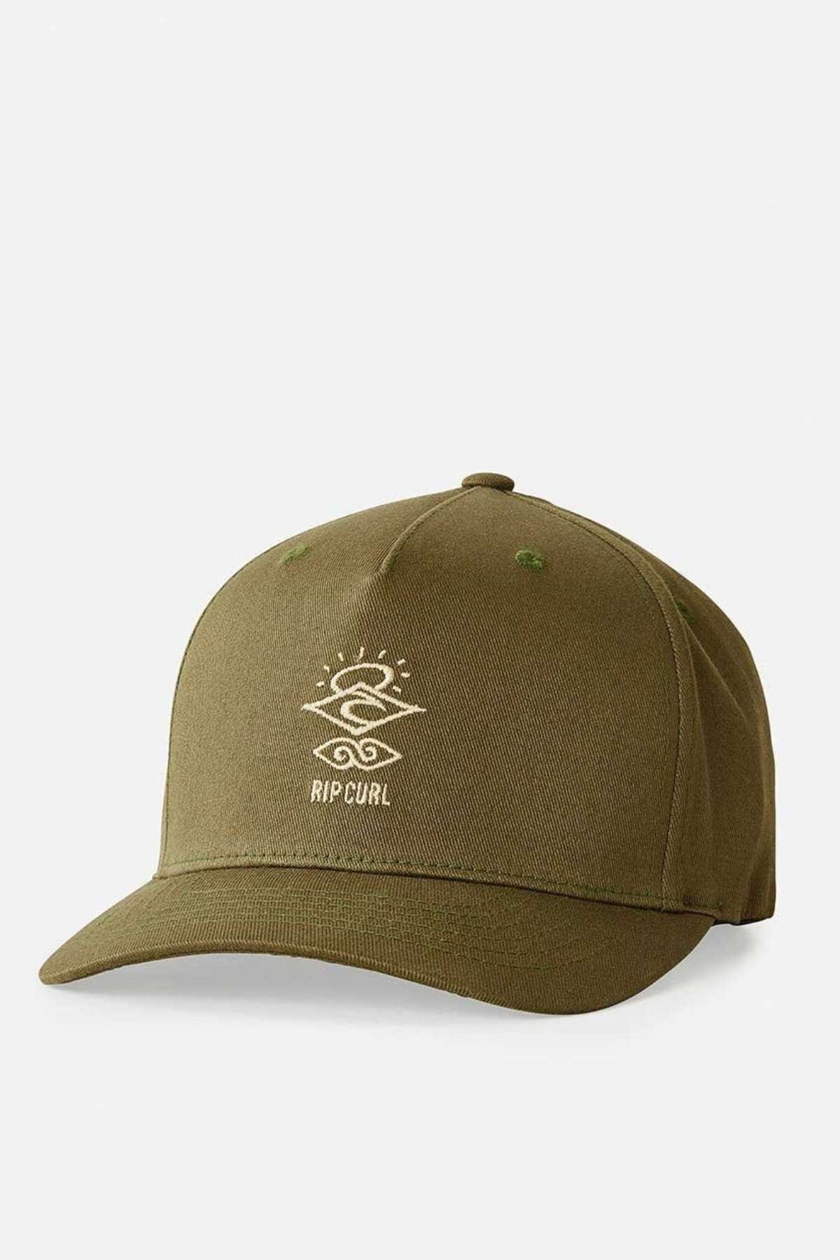 The Rip Curl Icons Eco Flexfit Cap features an olive green color with a curved brim and an embroidered white "RIP CURL" design on the front. Crafted from organic cotton, it is set against a plain white background, emphasizing its stylish and sustainable qualities.