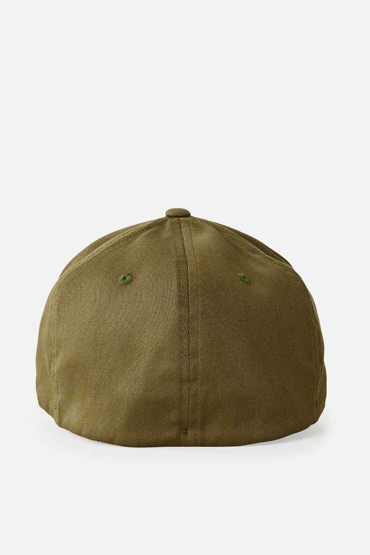 A back view of the Rip Curl Icons Eco Flexfit Cap, crafted from organic cotton in green, is presented on a plain white background, emphasizing its exquisite fabric and stitching details.