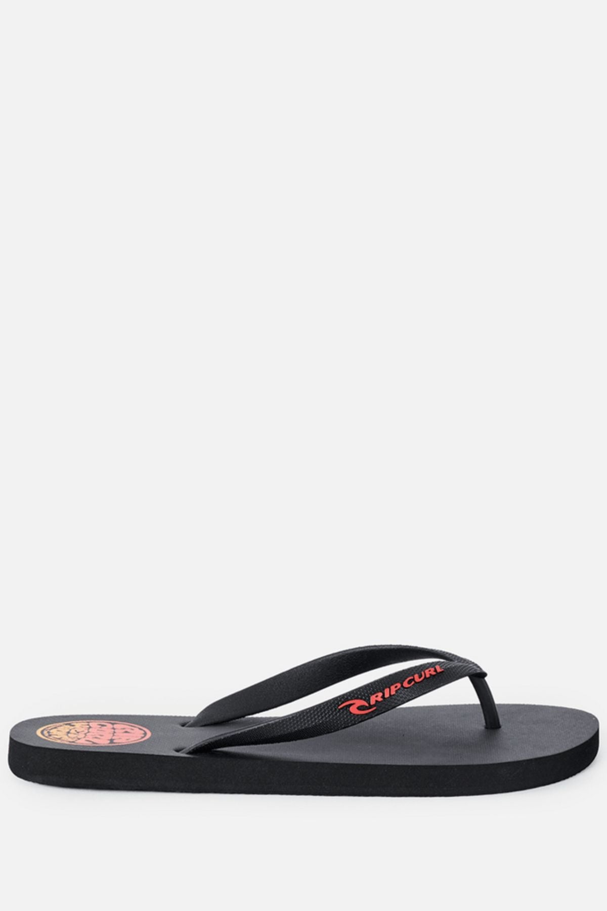 The Rip Curl Icons Of Surf Bloom Open Toe Sandal is a black sandal with an open toe, featuring a red and yellow “Rip Curl” logo on the strap and a circular logo on the heel. Crafted with BLOOM algae foam for enhanced comfort, it is displayed against a plain white background.