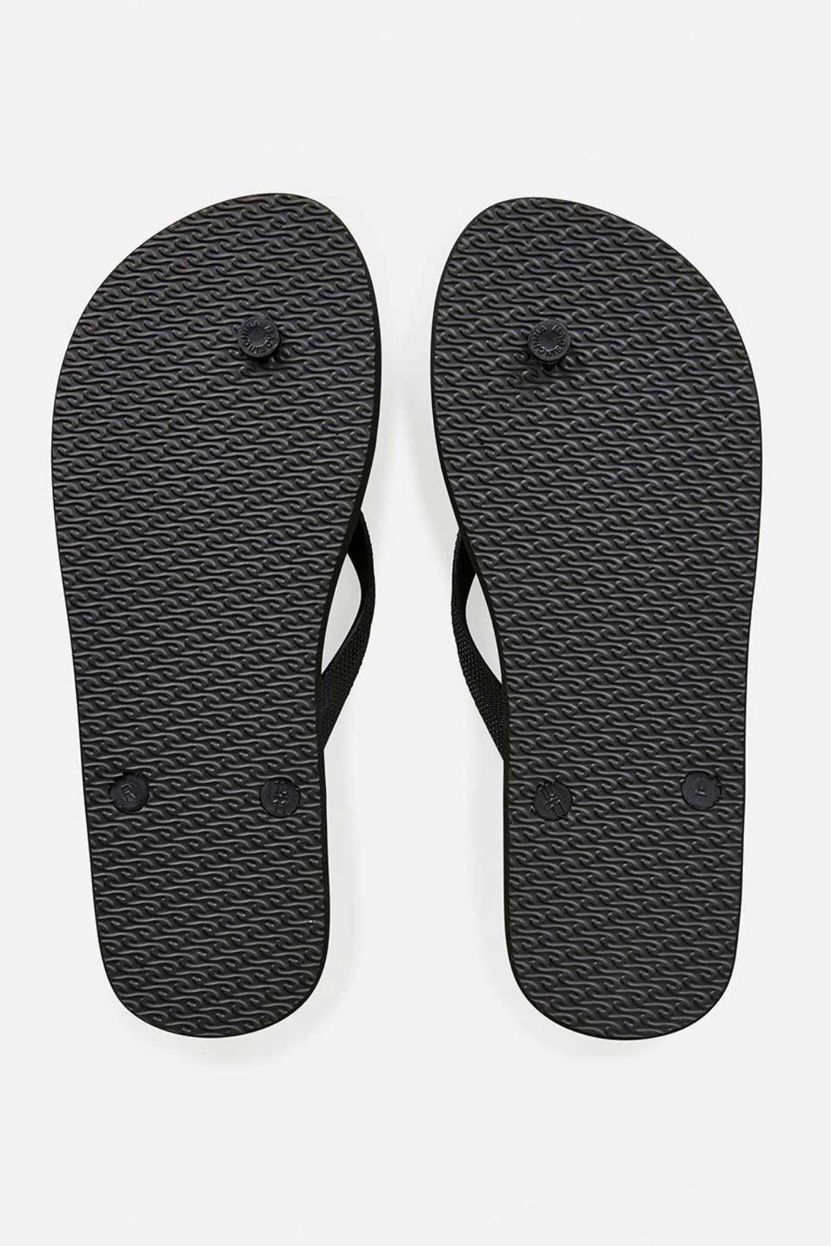 The image displays the underside of a pair of Rip Curl Icons of Surf Bloom Thongs in black. The soles exhibit a textured pattern with three circular points visible on each foot. These eco-friendly flip-flops are positioned side by side against a plain white background.
