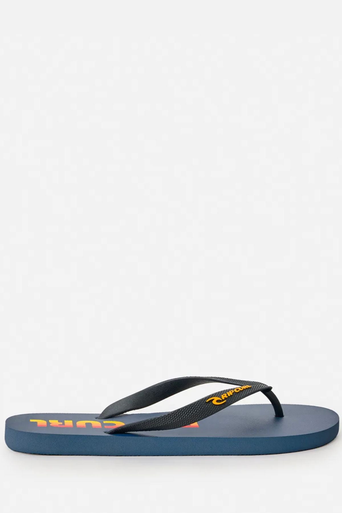 The Rip Curl Icons of Surf Bloom Thongs are blue sandals with black straps and yellow and red text on the footbed, made from eco-friendly BLOOM algae-blended foam, shown in side profile against a white background.