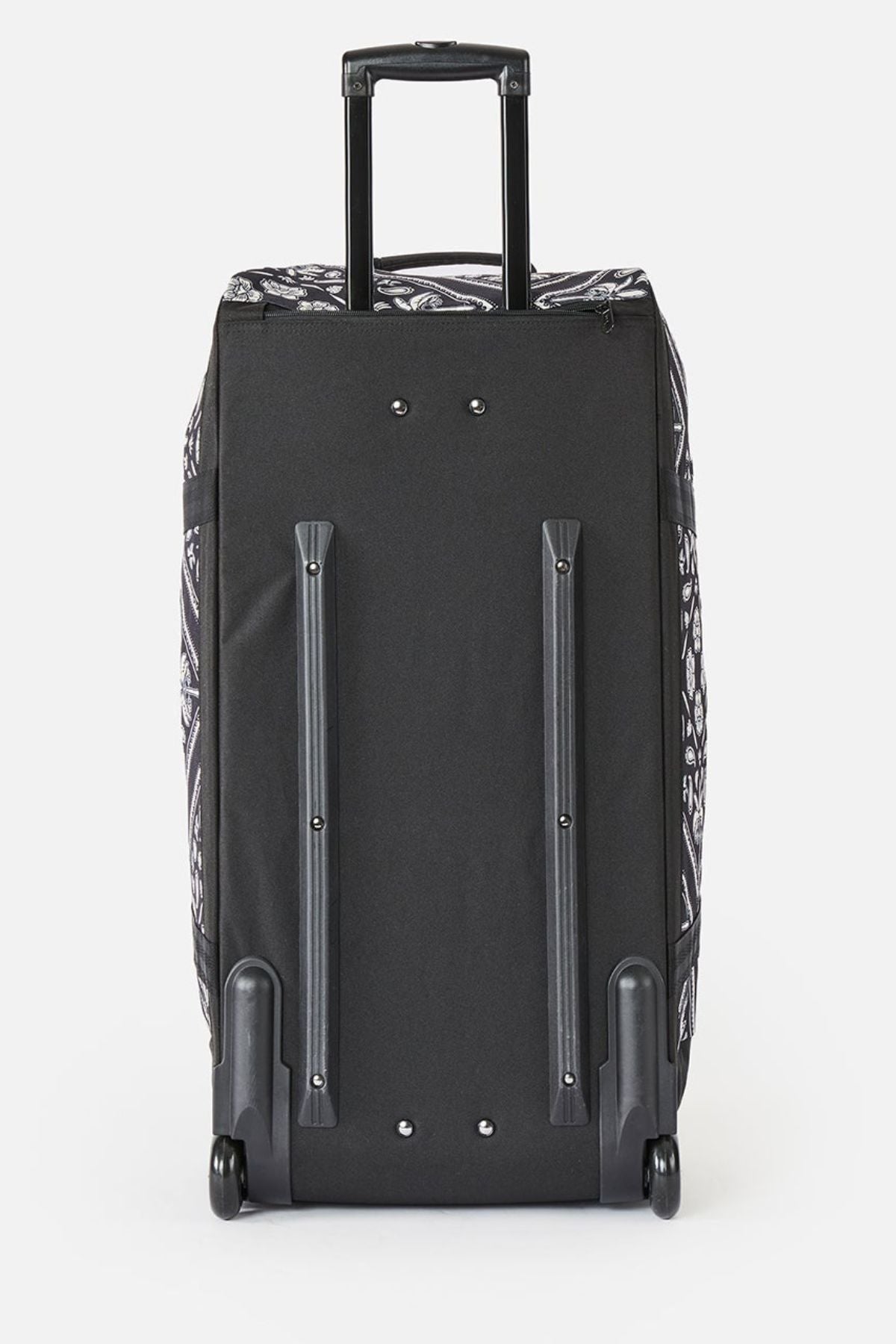 The Rip Curl Jupiter 80L Mixed Travel Bag in black is shown upright with its handle extended, back side facing forward, featuring two support rails and two wheels at the base.