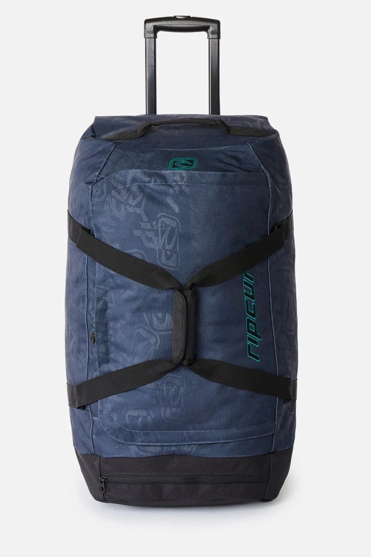 Navy blue Rip Curl Jupiter Archive 80L rolling duffel bag featuring a retractable handle, black straps, and a repeating pattern.