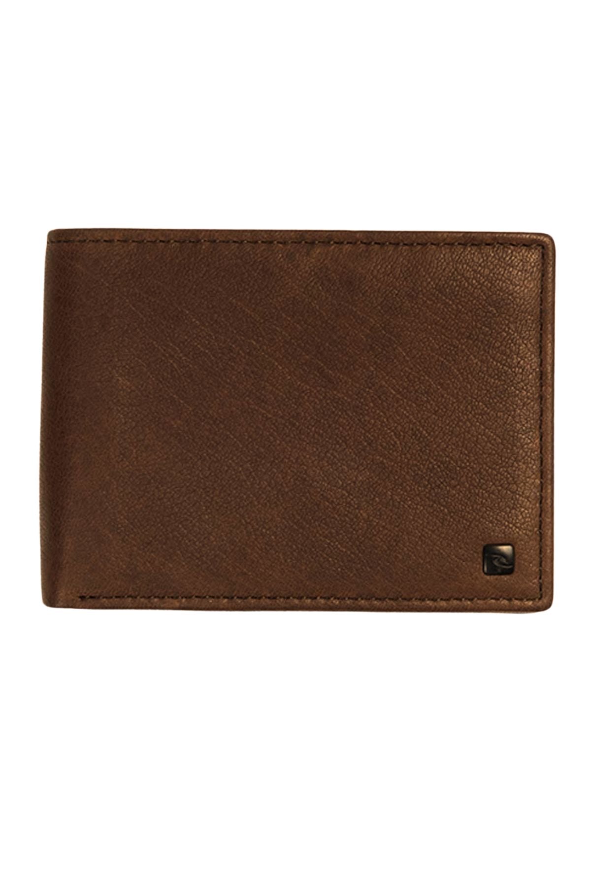 The Rip Curl K-Roo RFID All Day Wallet is rectangular, made from kangaroo leather with subtle edge stitching and a small metal logo on the bottom right. The closed wallet is shown against a white background.