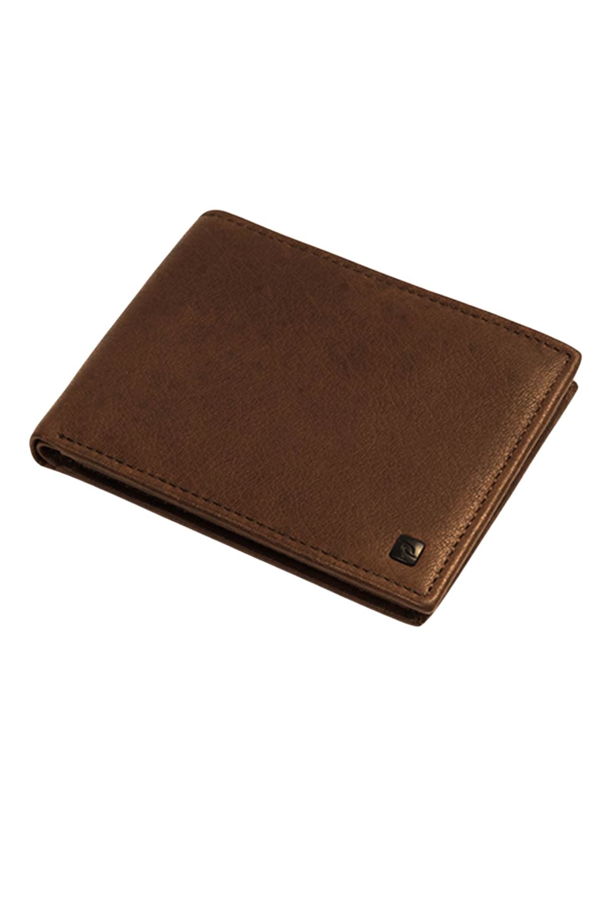 A closed brown Rip Curl K-Roo RFID All Day Wallet, made from durable kangaroo leather with a small metallic square emblem in the bottom right corner, is shown resting on a white background.