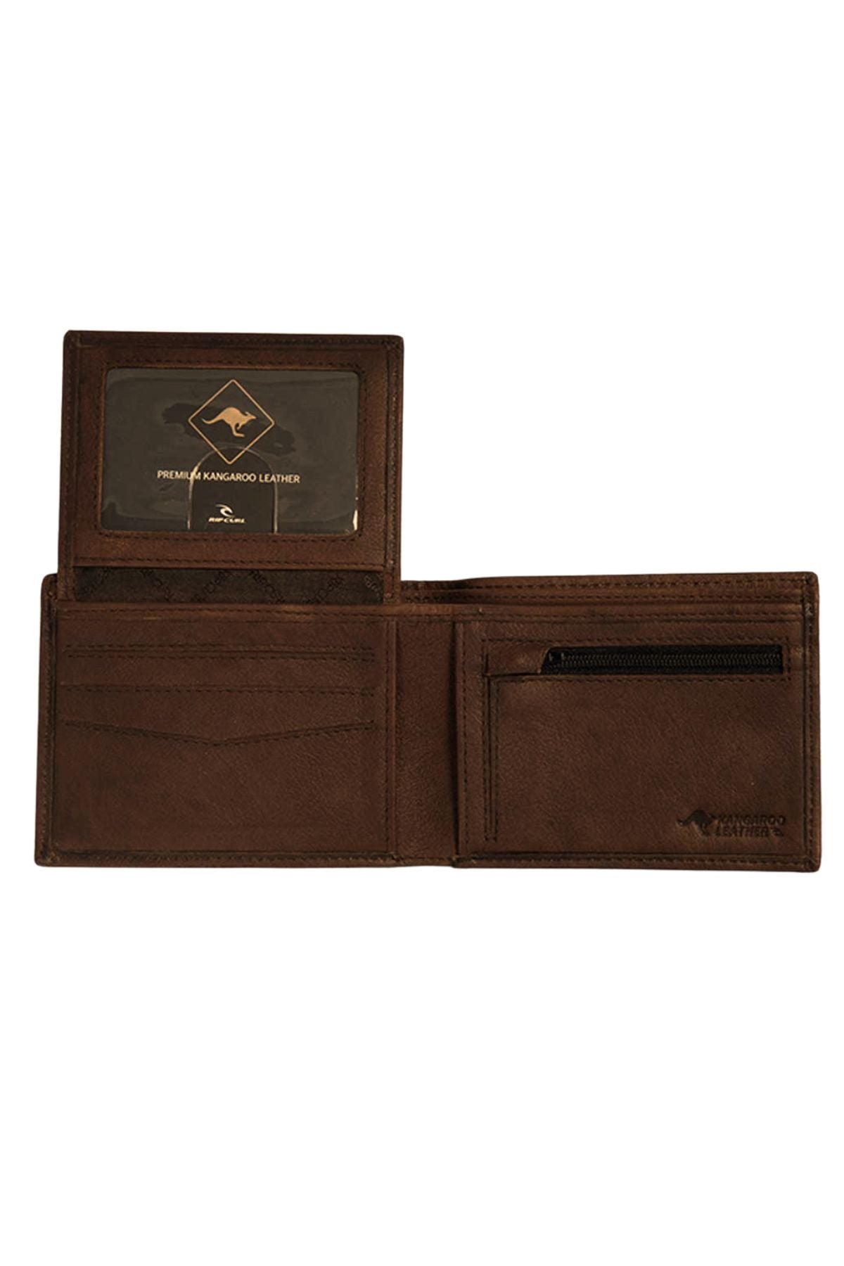 The Rip Curl K-Roo RFID All Day Wallet in brown kangaroo leather is open to reveal multiple card slots, an ID window, a zippered coin pocket, RFID protection, and embossed branding in the lower right corner.