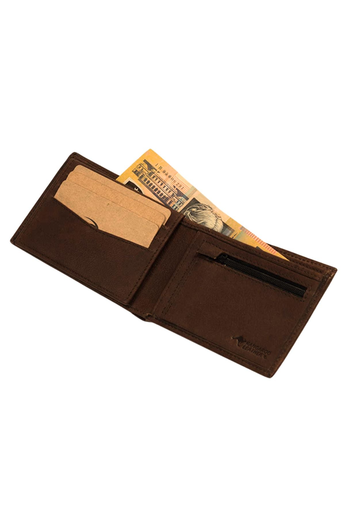 The Rip Curl K-Roo RFID All Day Wallet, crafted from brown kangaroo leather, is open on a white background displaying cash, cards, and a small zippered pocket.