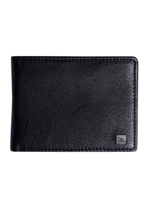The Rip Curl K-Roo RFID Slim Wallet is a closed black wallet crafted from premium kangaroo leather, featuring a small metallic logo in the bottom right corner, shown on a white background.