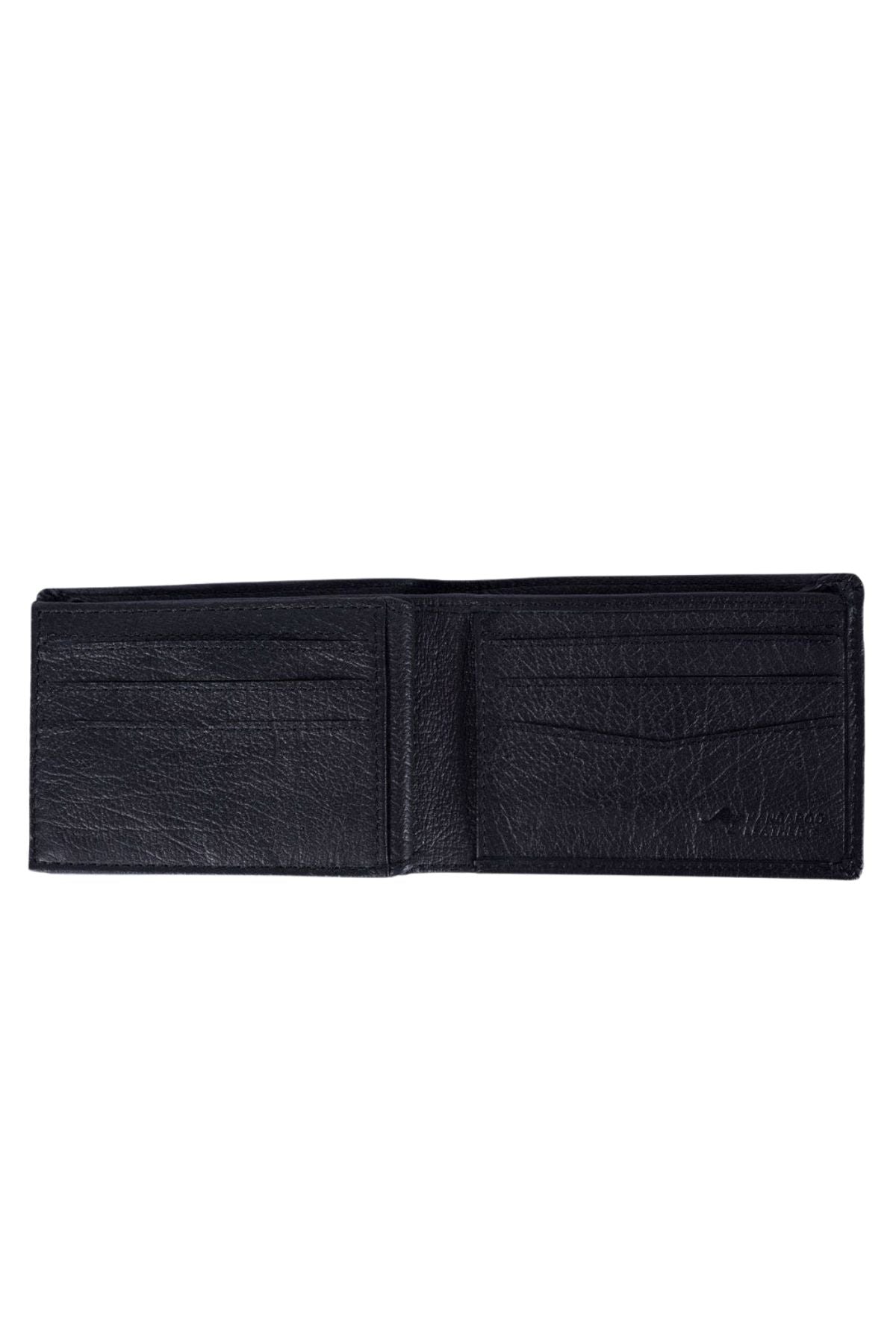 The Rip Curl K-Roo RFID Slim Wallet in black kangaroo leather is open, revealing multiple card slots and compartments on each side, with a textured, slightly shiny finish.