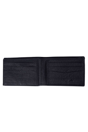 The Rip Curl K-Roo RFID Slim Wallet in black kangaroo leather is open, revealing multiple card slots and compartments on each side, with a textured, slightly shiny finish.