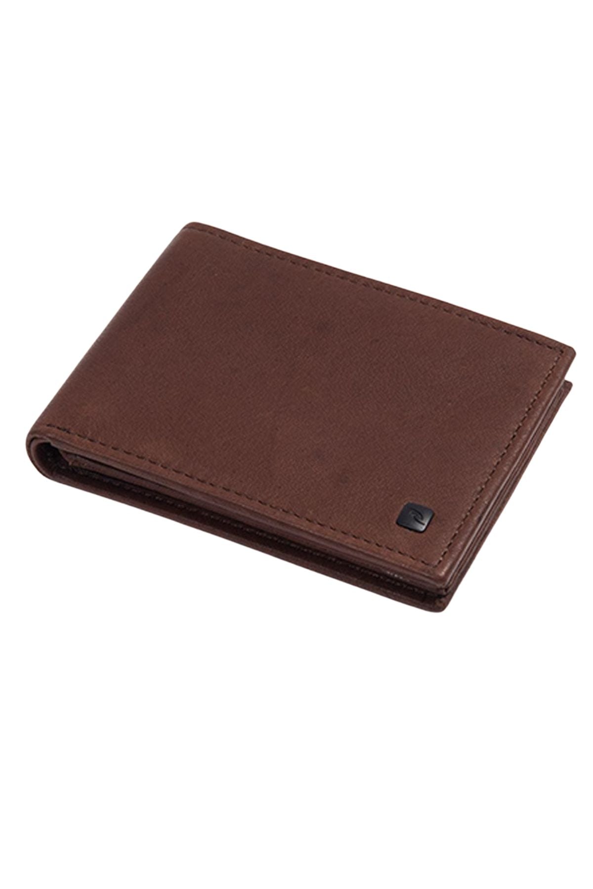The Rip Curl K-Roo RFID Slim Wallet is a closed, brown wallet made from kangaroo leather with minimal stitching and a small black square logo in the corner, shown on a white background.