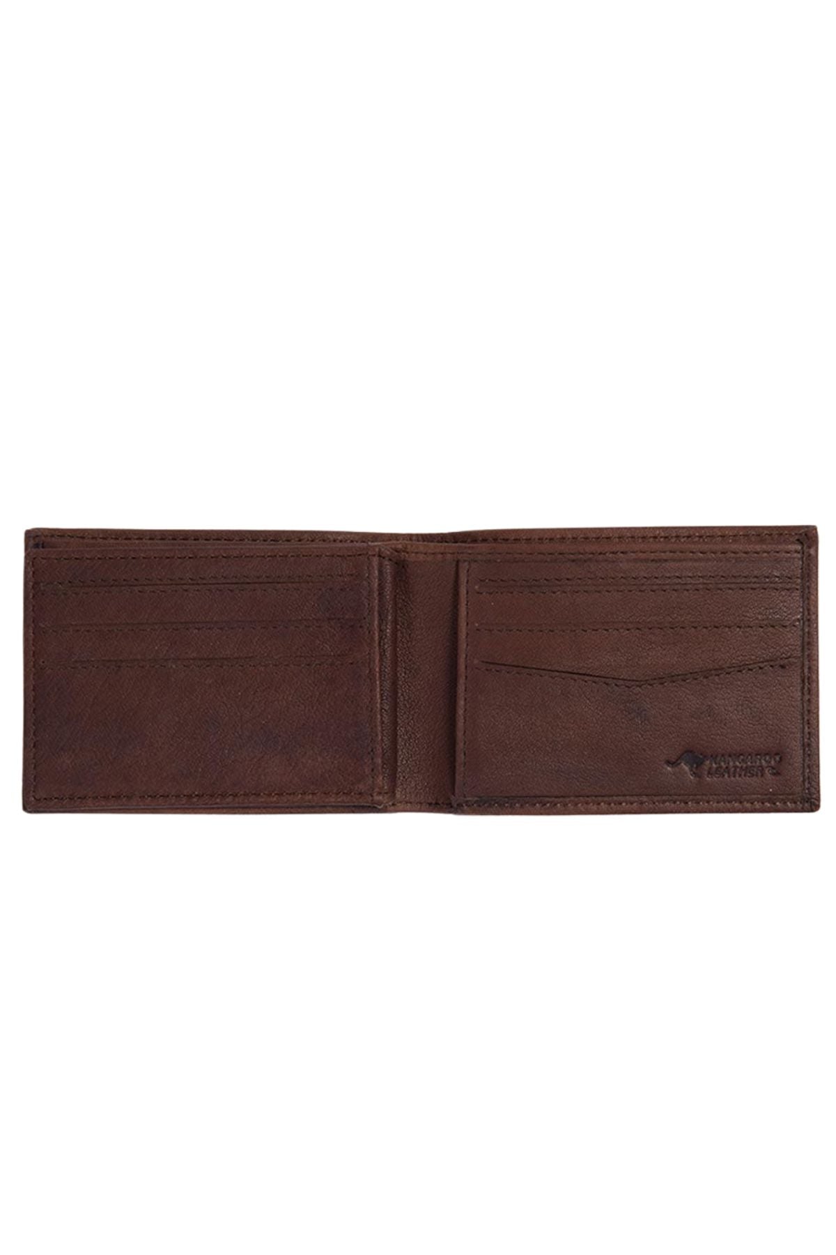 The Rip Curl K-Roo RFID Slim Wallet, crafted from brown kangaroo leather, features multiple card slots, RFID protection, and an embossed logo on the bottom right corner, displayed against a white background.