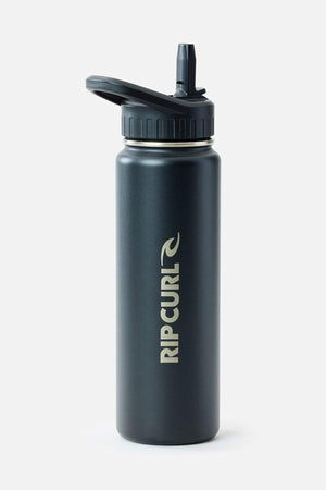 The Rip Curl Logo Drink Bottle 710ML is a black stainless steel, double-walled insulated bottle with a flip-top straw lid and “RIP CURL” printed vertically in white on the side.