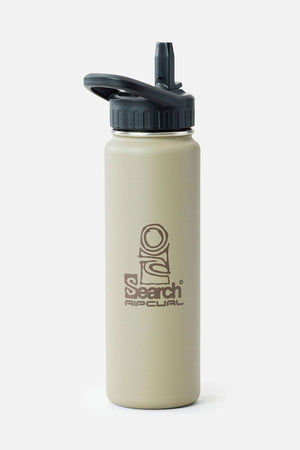 The Rip Curl Logo Drink Bottle 710ML is a beige stainless steel bottle with double-wall insulation, a black screw-on lid, flip-up spout, and “Search Aircal” plus a circular logo inspired by Rip Curl printed on the front.