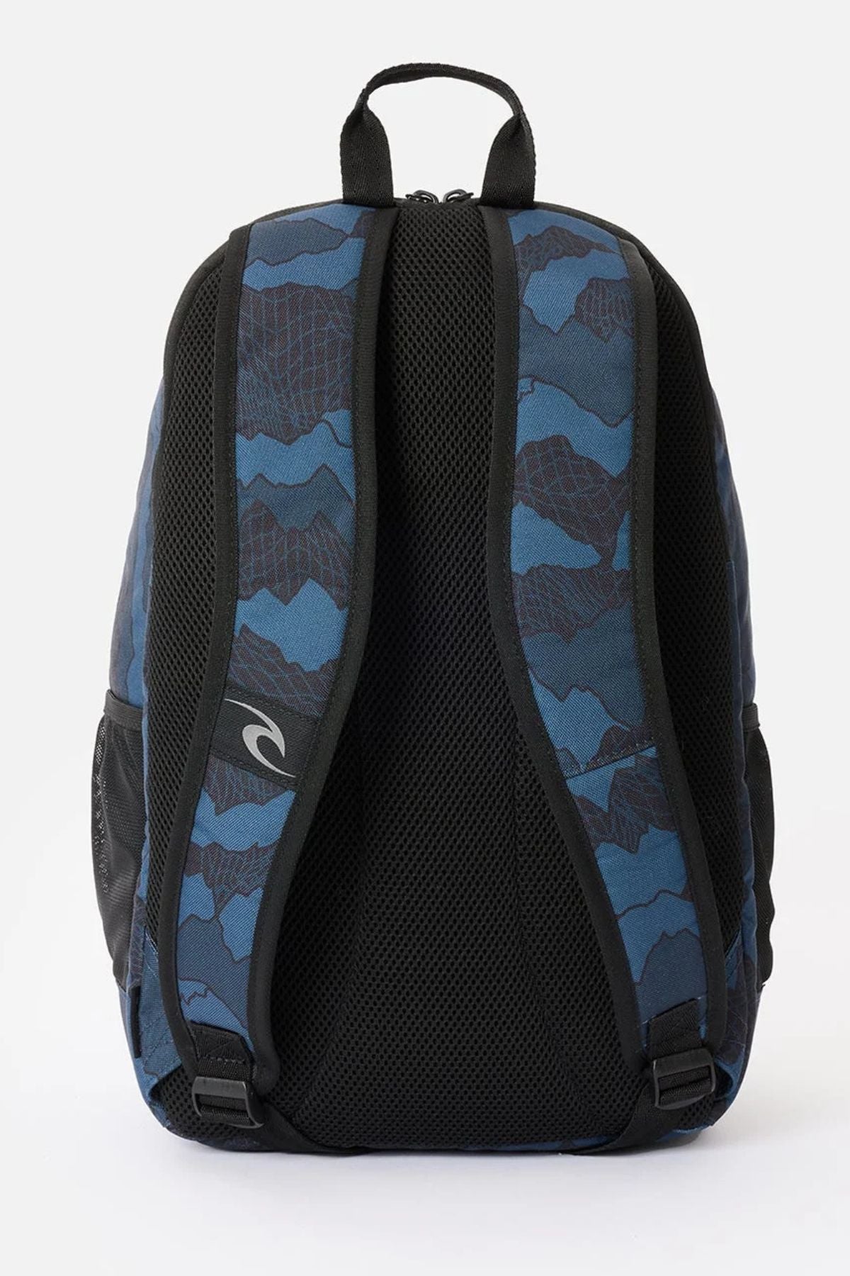 Back view of a Rip Curl Ozone 30L Camo Check Backpack in blue and black camouflage, featuring mesh shoulder straps and a black mesh back panel.
