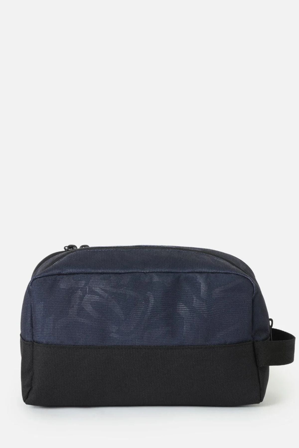 Rip Curl Archive Groom Toiletry Bag, a rectangular travel organiser with a navy blue patterned top section, a black bottom section, and a side carry handle.
