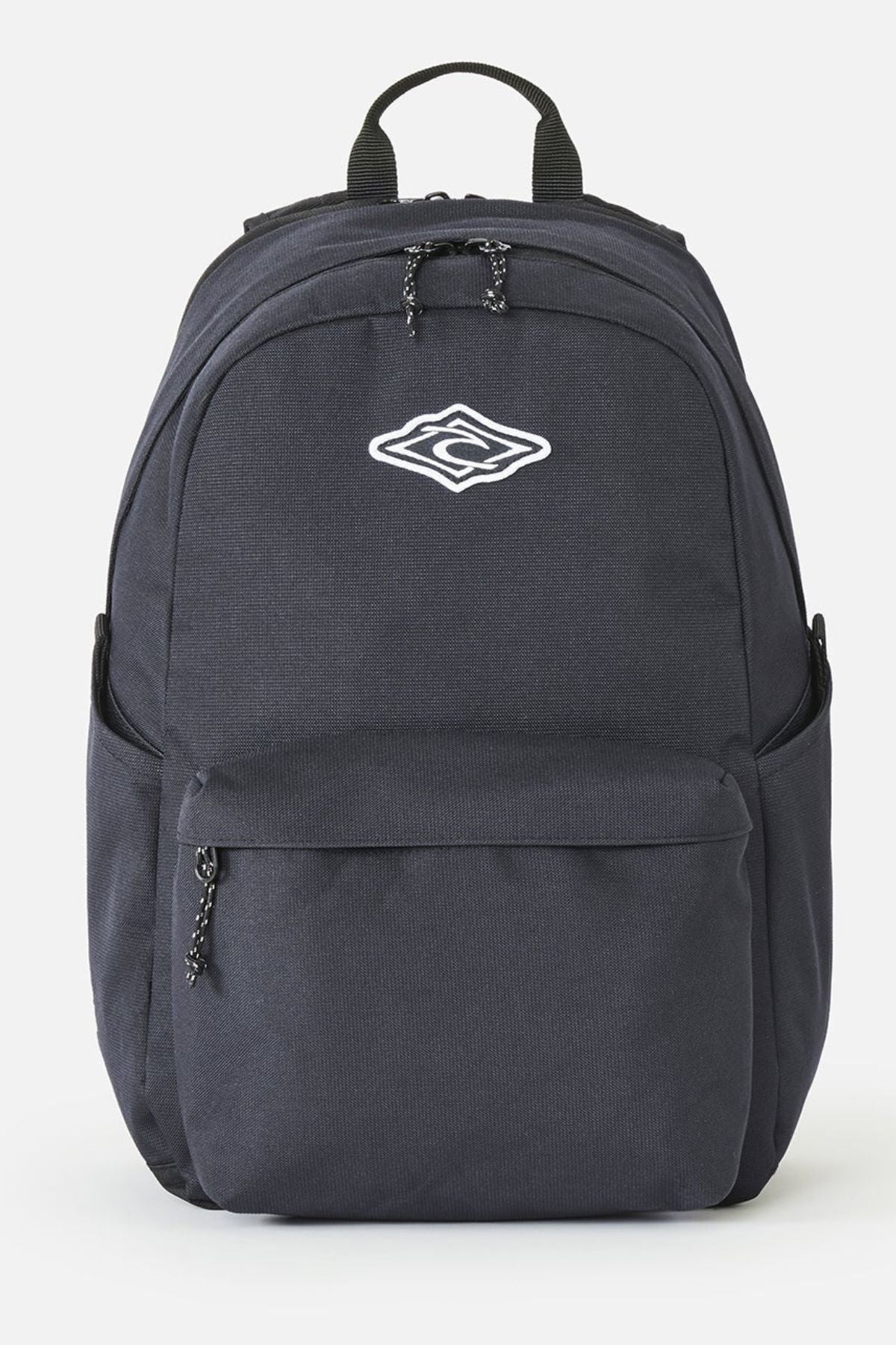 Black Rip Curl Crusher 30L Classic Backpack with a main zippered compartment, a front zippered pocket, side slip pockets, and a white diamond-shaped logo on the front.