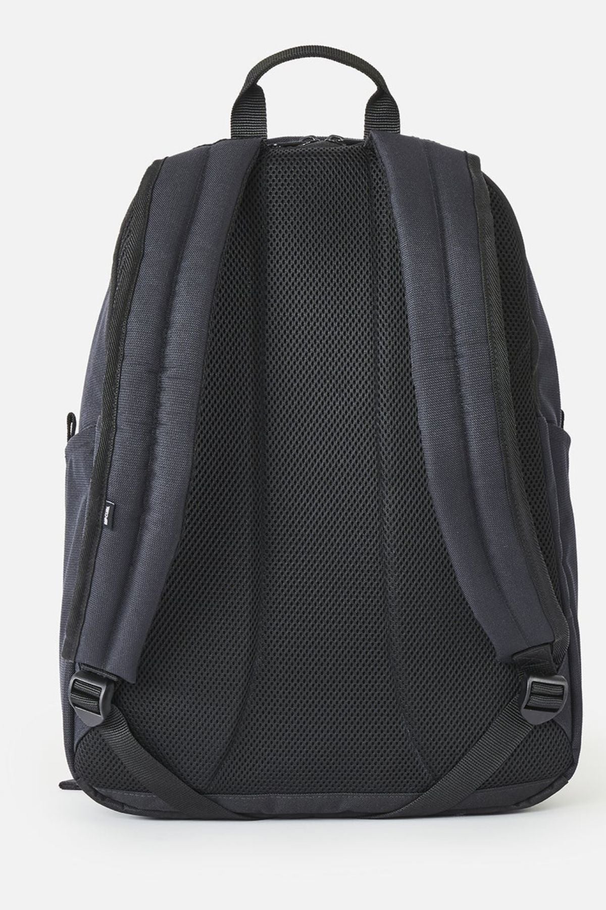 Back view of the black Rip Curl Crusher 30L Classic Backpack featuring padded shoulder straps and a mesh back panel.