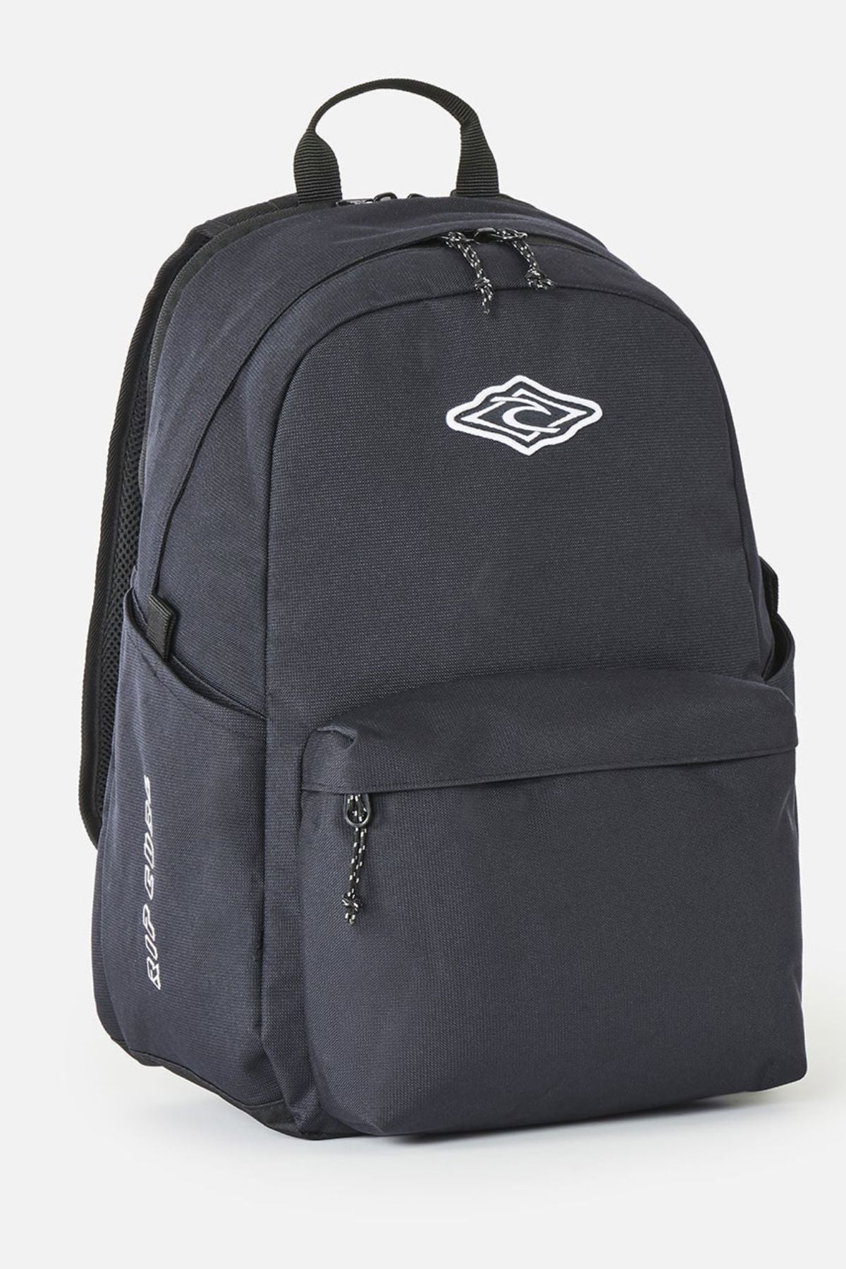 Black Rip Curl Crusher 30L Classic Backpack with a front zip pocket, side pockets, and a white logo on the top front.